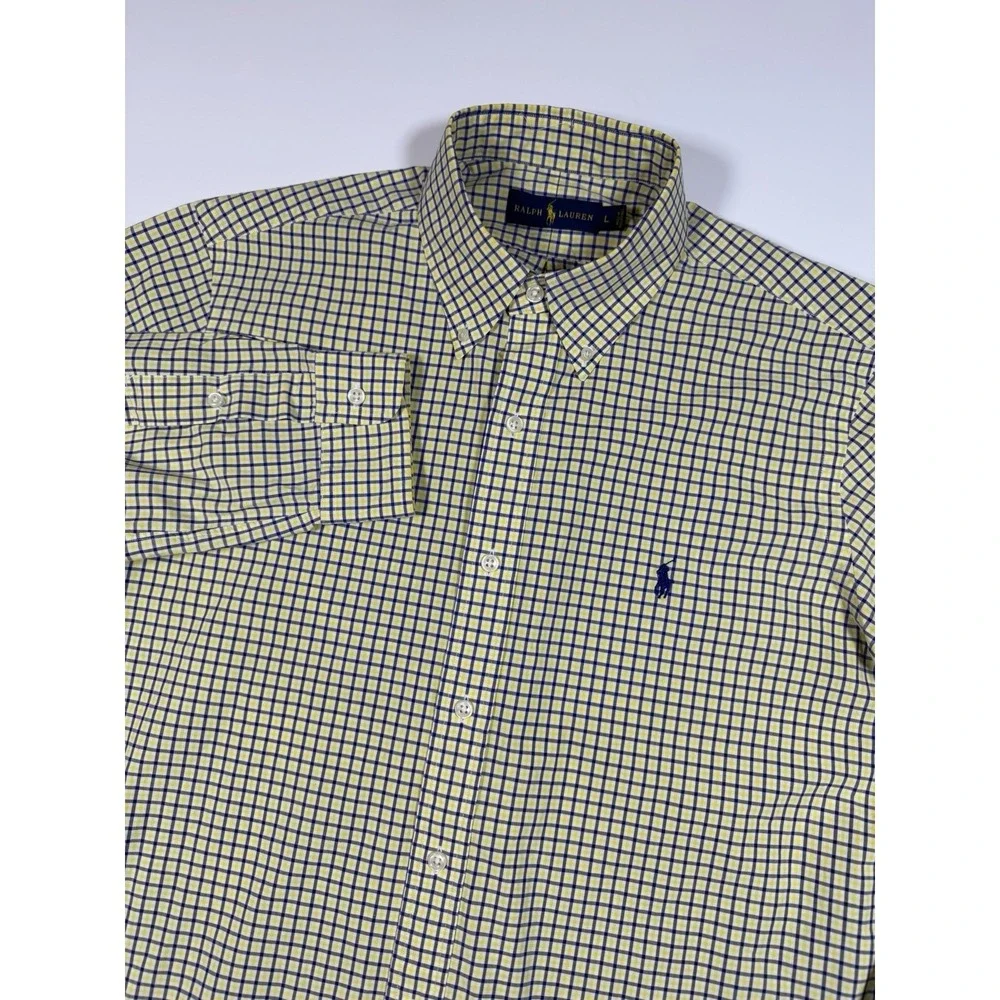 Polo Ralph Lauren Mens L Yellow Blue Tattersall Plaid Long Sleeve Dress Shirt
